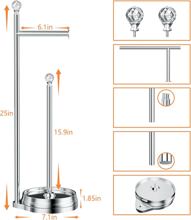 Kasunto Toilet Paper Holder for Bathroom, Heavy Weighted Metal Free Standing Toilet Paper Holder Stand with Crystal Ball, Toilet Paper Roll Stand for Bathroom Accessories - Image 1
